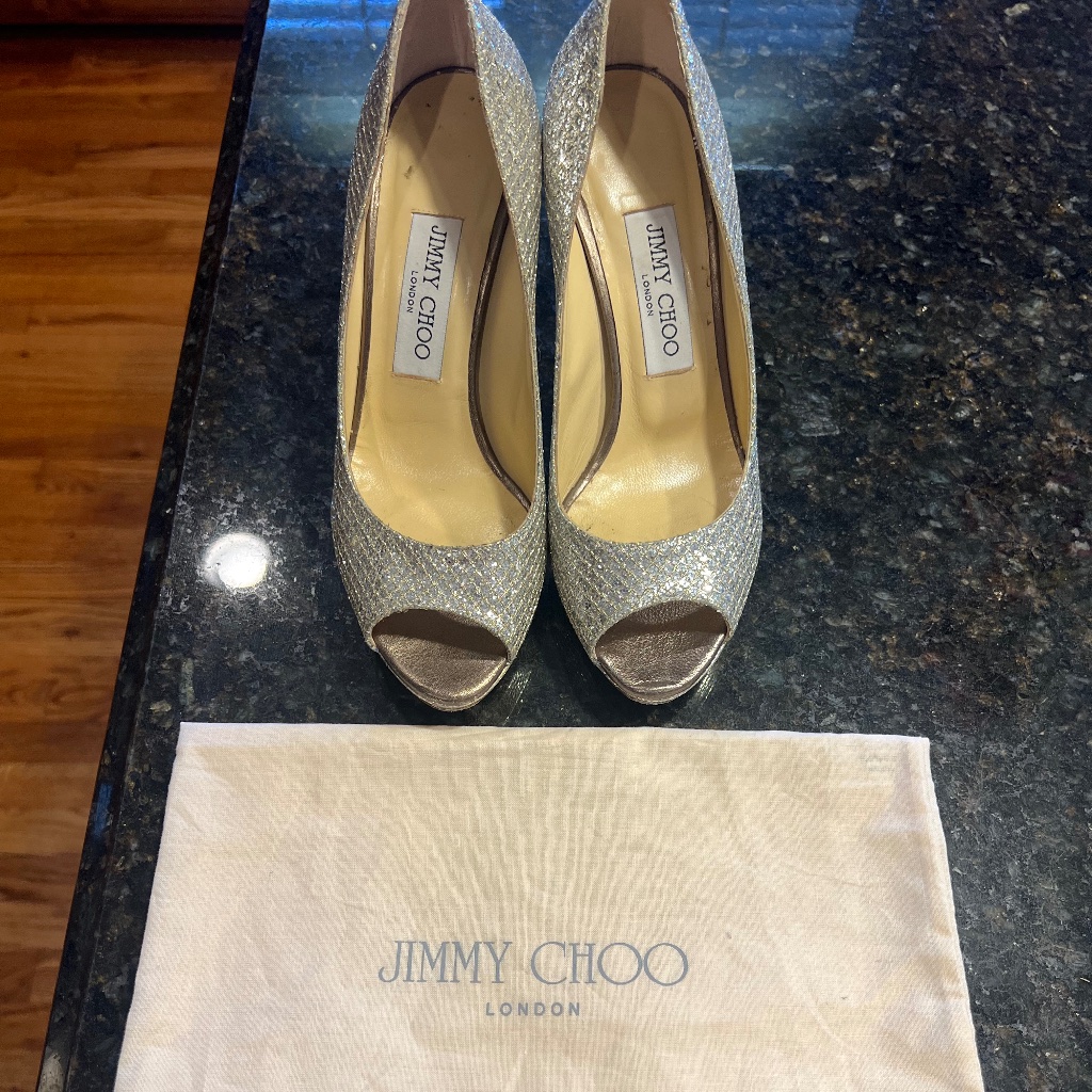 Jimmy Choo 247 Luna Glitter Fabric Champagne Pumps Size 37